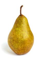 A large yellow (brown) pear  stands straight  isolated on a white background.