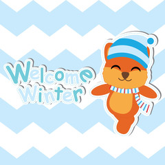 Fototapeta premium Cute Fox on blue chevron background vector cartoon, Baby shower postcard, wallpaper, and greeting card, T-shirt design for kids vector illustration