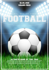 Poster Template with Football Tournament. Soccer ball on grass and night stadium. Cup and Trophy Advertising. Sport Event Announcement. Vector Illustration.