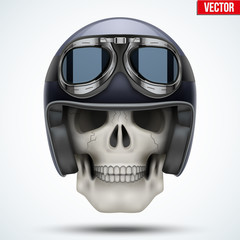 Human skull with Vintage motorcycle or chopper helmet and goggles. Vector Illustration on isolated white background