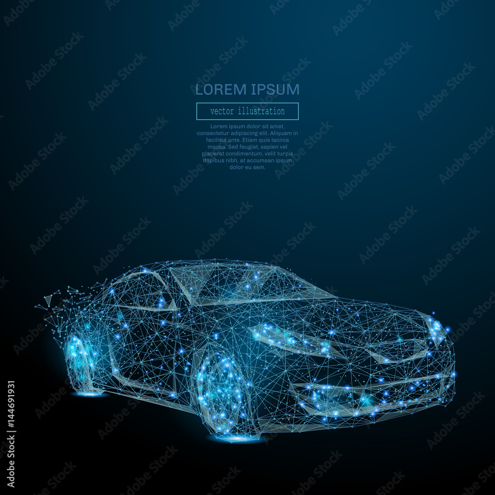 Poster Abstract image of a auto in the form of a starry sky or space, consisting of points, lines, and shapes in the form of planets, stars and the universe. Vector business