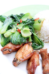stir fried vegetables, Hard-boiled egg, Fried pork and Fried chicken wings with thai jasmine rice on dish. Thai food.