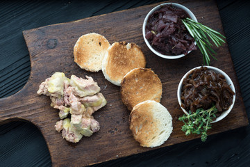 Foie gras on sandwiches and red onion marmalade