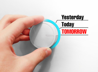 Male hand turns the switch. Switches days. Chose the Tomorrow - obrazy, fototapety, plakaty