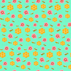 Colorful pattern with bees, flowers and honeycombs