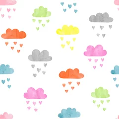 Fotobehang Seamless colorful watercolor clouds pattern. Rain of hearts. Vector illustration. © Afanasia