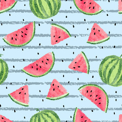 Seamless watermelon pattern. Vector striped summer background with watercolor watermelon slices.