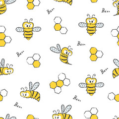 Seamless cute bees pattern. Vector honey background.