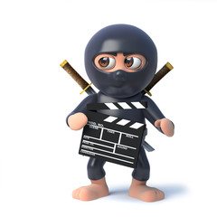 3d Funny cartoon ninja assassin character holding a movie makers clapperboard