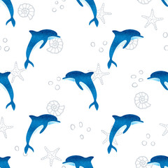 Fototapeta premium Seamless watercolor dolphins pattern. Vector marine background. 