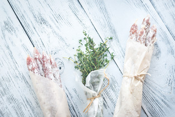 Fuet sausages in wrapping paper