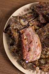 Served bacon and meat on the table