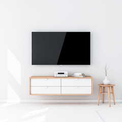 Smart Tv Set Mockup with black screen hanging on the wall in modern interior. 3d rendering