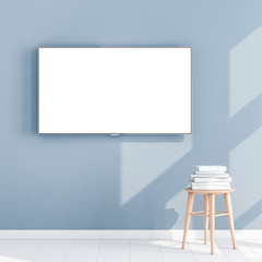 Smart Tv set Mockup with blank screen on blue wall in modern interior. 3d rendering