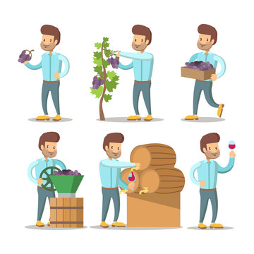 Winemaker Cartoon with Grapes and Wine. Vector character illustration