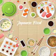 Japanese Cuisine Traditional Food with Sushi and Wasabi. Vector illustration