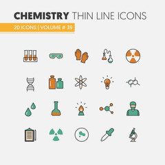 Chemistry Linear Thin Line Vector Icons Set with DNA and Chemical Elements