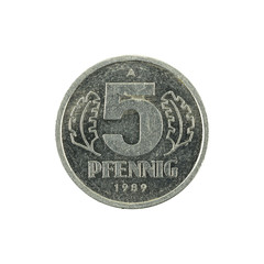 historic 5 east german pfennig coin (1989) obverse isolated on white background