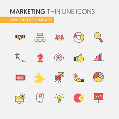 Marketing Strategy Linear Thin Line Vector Icons Set with Megaphone and Advertisement Elements