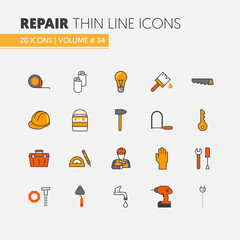 House Repair Renovation Linear Thin Line Vector Icons Set with Repairman and Tools