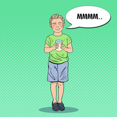 Pop Art Smiling Boy with Glass of Milk. Healthy Eating. Vector illustration
