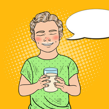 Pop Art Cheerful Boy with Glass of Milk. Healthy Eating. Vector illustration