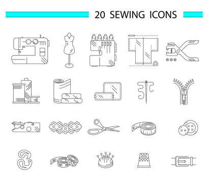Sewing accessories and supplies line icon set. Sewing machine, overlock, needle, thread, centimeter tape, buttons, lace, scissors, fabric, hole punch. Vector illustration.