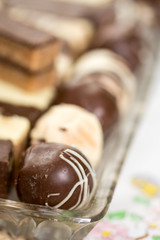 Chocolate cookies served on the plate with blurred background