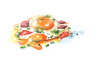 Watercolor drawing - a dish of fried eggs, omelet, bacon, tomato, onion, pepper, sausage. On white isolated background.