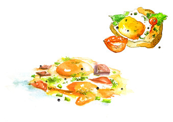 Set of two watercolor pictures - a dish of fried eggs, an omelette, bacon, tomato, onions and a sandwich with salad, yolk, spices. On white isolated background.