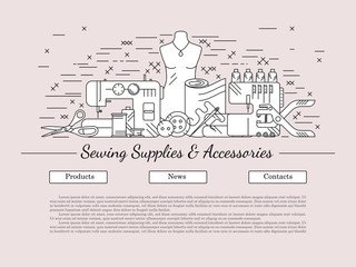 Linear style design collage with sewing icons. Accessories and supplies for tailor studio, sewing store or project. For web-pages, advertising site, signboard or cover. Vector illustration.