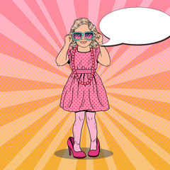 Little Girl in Mothers Shoes and Sunglasses. Fashion Model. Pop Art Vector illustration