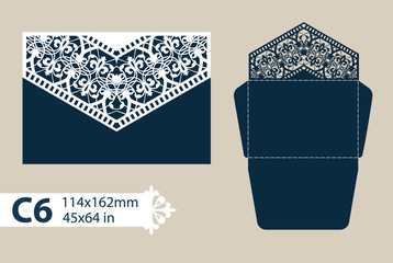 Layout congratulatory envelope with carved openwork pattern. The template for greetings, invitations, etc. Picture suitable for laser cutting, plotter cutting or printing