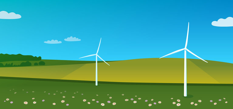 Landscape with wind turbines and flowering field