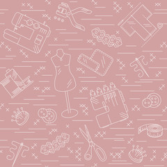 Seamless pattern sewing accessories and supplies line pictures. Sewing machine, overlock, needle, thread, centimeter tape, buttons, lace, scissors, fabric, hole punch. Vector illustration.