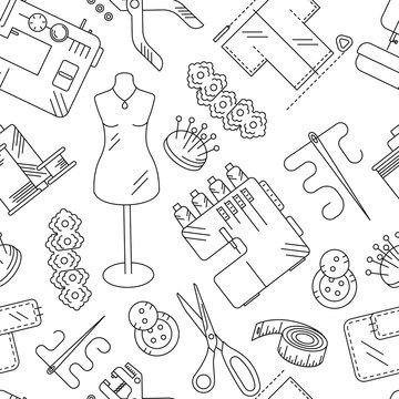 Seamless pattern sewing accessories and supplies line pictures. Sewing machine, overlock, needle, thread, centimeter tape, buttons, lace, scissors, fabric, hole punch. Vector illustration.