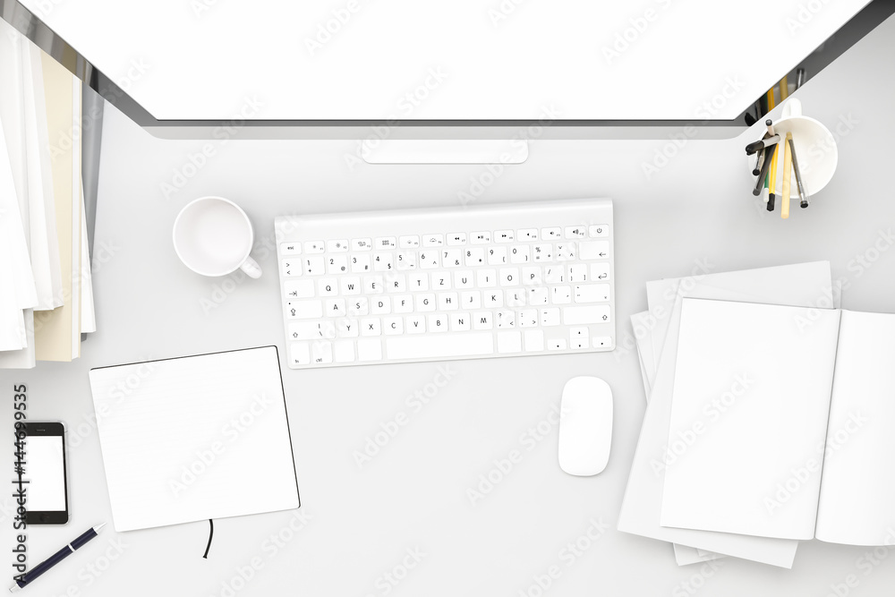 Poster top view of workpark with blank white computer screen, coffee cup, and book in home work. mock up , 