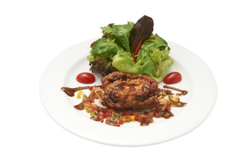 Isolated of salad and deep fried soft-shelled crap in white plate. Clipping path and white background.