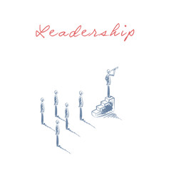 Business leadership concept vector with businessman looking through a telescope at aim, goal, objective. Corporate symbol hand drawn sketch.