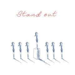 Stand out from the crowd business concept with businesswomen in line. Talent or special skills symbol. Hand drawn sketch cartoon.