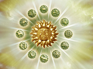 astrology background with sun and zodiac symbols with rays of light, sun astrology 