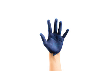 Close up of child hand painted with blue color, on isolated white background.