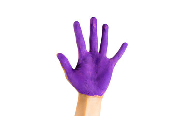 Close up of child hand painted with purple color, on isolated white background.