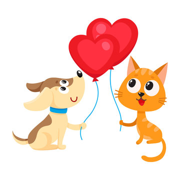 Cute and funny dog and cat holding red heart shaped balloon, cartoon vector illustration isolated on white background. Puppy and kitten holding heart balloon, birthday greeting decoration elements