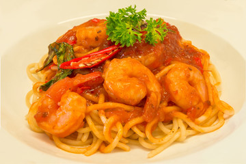 Closeup Gourmet Shrimps with Spaghetti Pasta and spicy