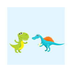 Two cute and funny baby dinosaur characters - spinosaurus and tyrannosaurus, cartoon vector illustration isolated on white background. Happy smiling spinosaurus and T-rex dinosaur characters