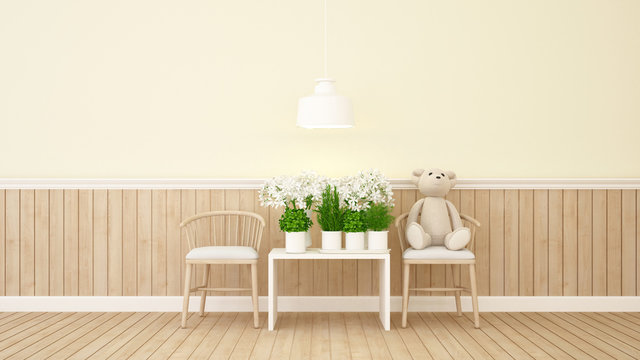 Teddy bear and flower in yellow room - 3d rendering