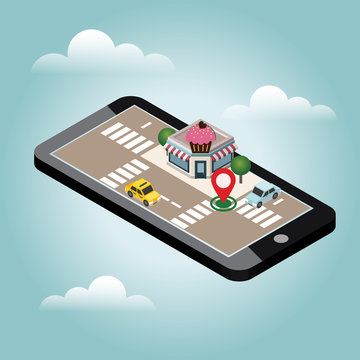 Isometric City. Cafe Or Restraunt. Food Delivering. Mobile Searching. Geo Tracking. Map