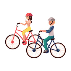 Fototapeta premium Young pretty woman riding bicycle, cycling together with her teenage son, cartoon vector illustration isolated on white background. Full length, side view portrait of mother and son riding bicycles