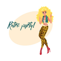 Retro disco party invitation, poster template, layout with woman in 1980s style clothes, leopard leggings, cartoon vector illustration. 80s style disco party invitation banner, poster template